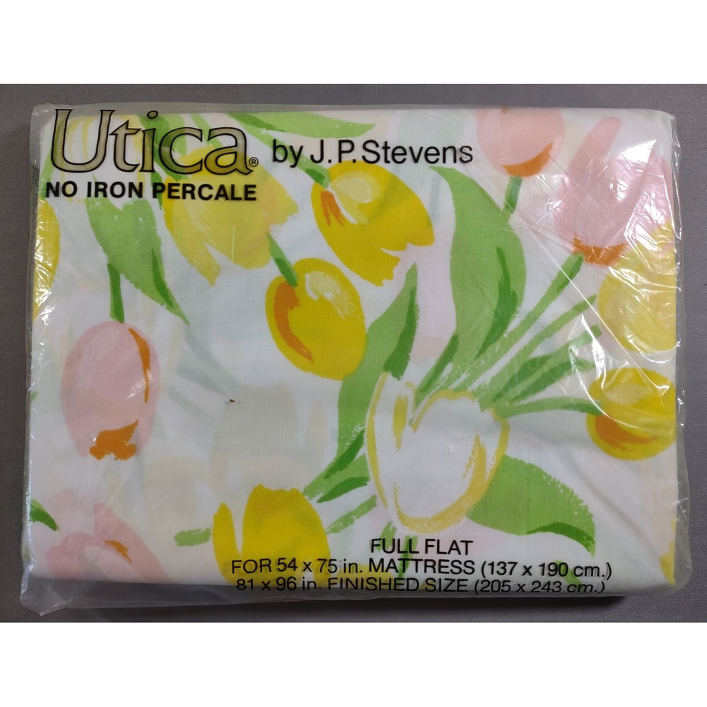 Vintage Utica JP Stevens Tulip Time Full Flat Sheet Floral Pink Yellow USA